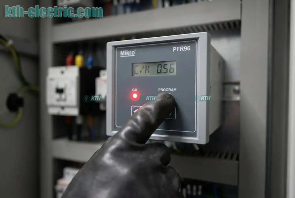 Hướng Dẫn Cài Đặt Bộ Điều Khiển Tụ Bù Mikro PFR96 & Tính C/K 3 Kỹ thuật viên đang cài đặt hệ số C/K trên bộ điều khiển tụ bù Mikro PFR96.