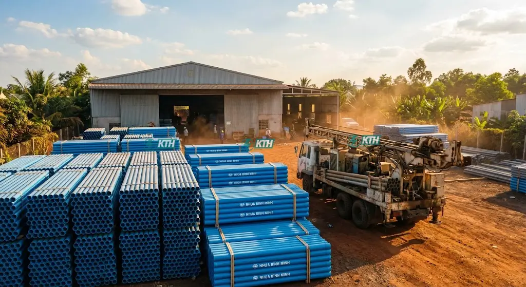 Kho tập kết vật tư ống nhựa Bình Minh và giàn khoan của KTH Electric tại Khu Công Nghiệp Trà Đa, TP. Pleiku.
