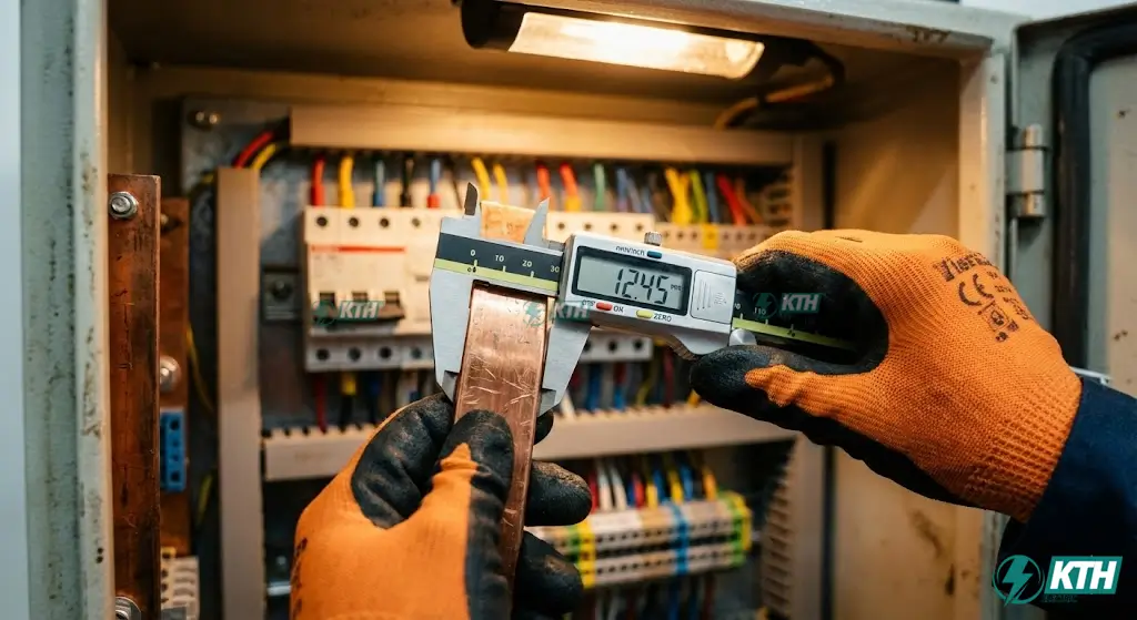 Kỹ thuật viên đang đo kiểm tra tiết diện thanh cái busbar đồng trong tủ hạ thế để đảm bảo đúng - cường độ dòng điện tính toán.