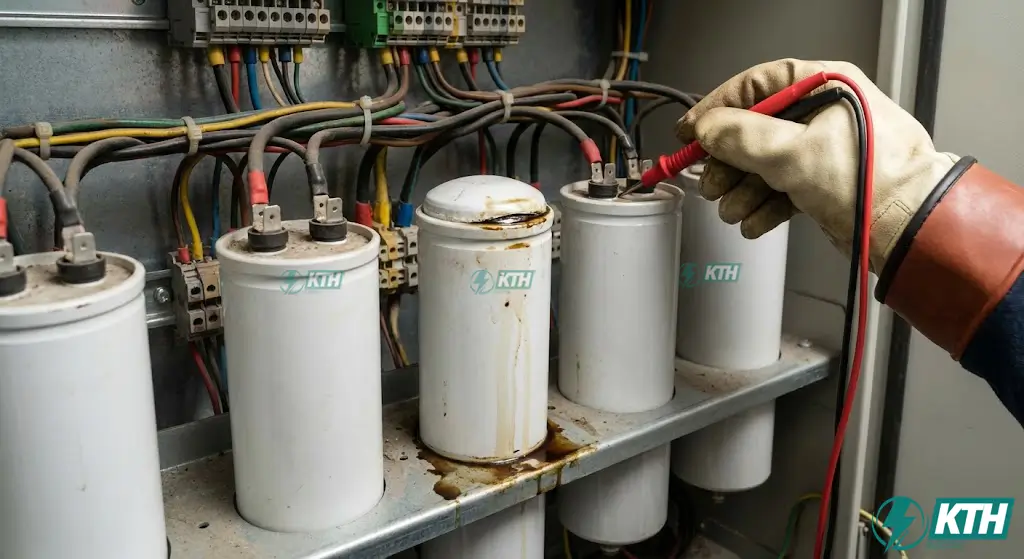 Kiểm tra phát hiện tụ bù điện công nghiệp bị phình và chảy dầu, dấu hiệu nguy hiểm cần thay thế ngay lập tức trong quá trình bảo trì.