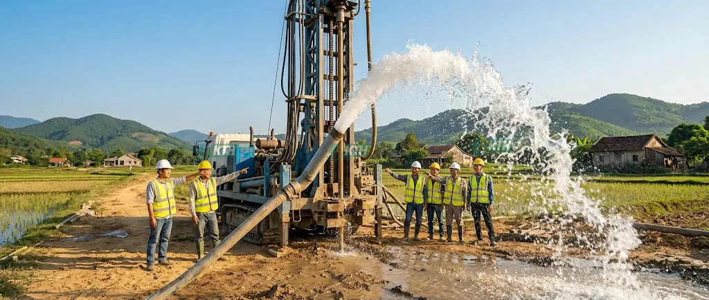 Giàn khoan giếng công nghiệp phun nước sạch mạnh mẽ tại công trình.