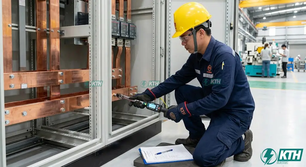 Kỹ thuật viên KTH Electric sử dụng cờ lê lực chuyên dụng để siết chặt lại các bulong thanh cái đồng trong tủ điện tổng MSB khi bảo trì định kỳ.