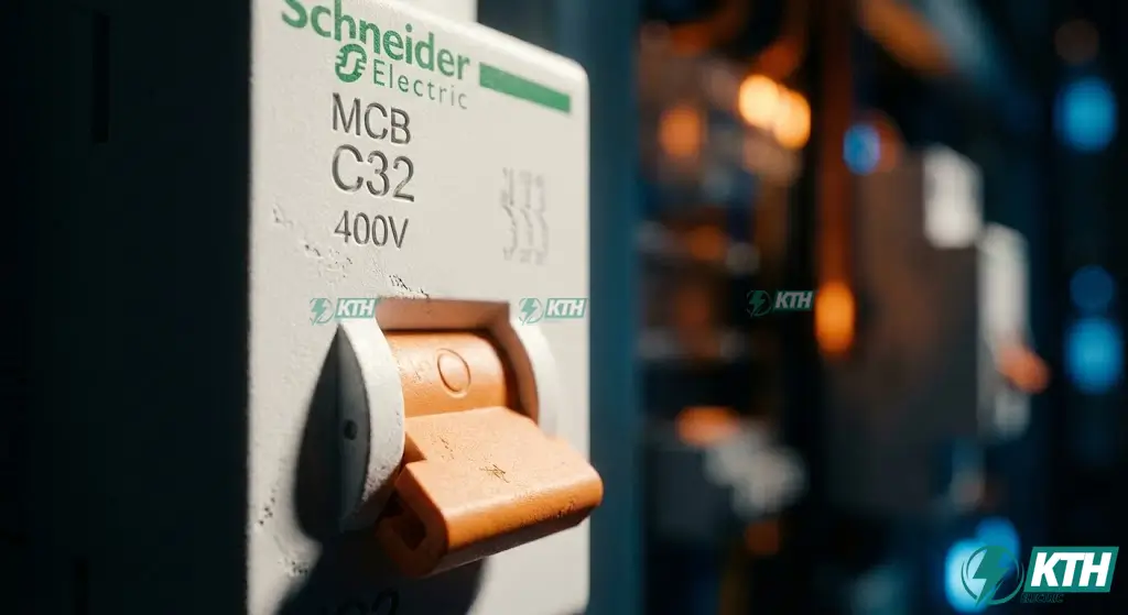 Cận cảnh ký hiệu C32 trên aptomat Schneider chính hãng, thể hiện rõ dòng định mức 32A và đường cong đặc tính loại C dùng cho điện dân dụng.