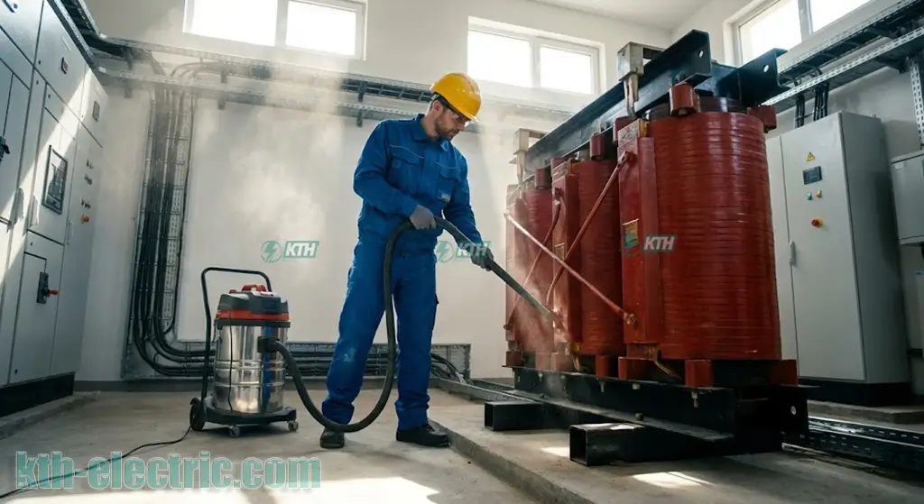 Kỹ sư điện đang vệ sinh bụi bẩn cho máy biến áp khô bằng máy hút bụi công nghiệp chuyên dụng.