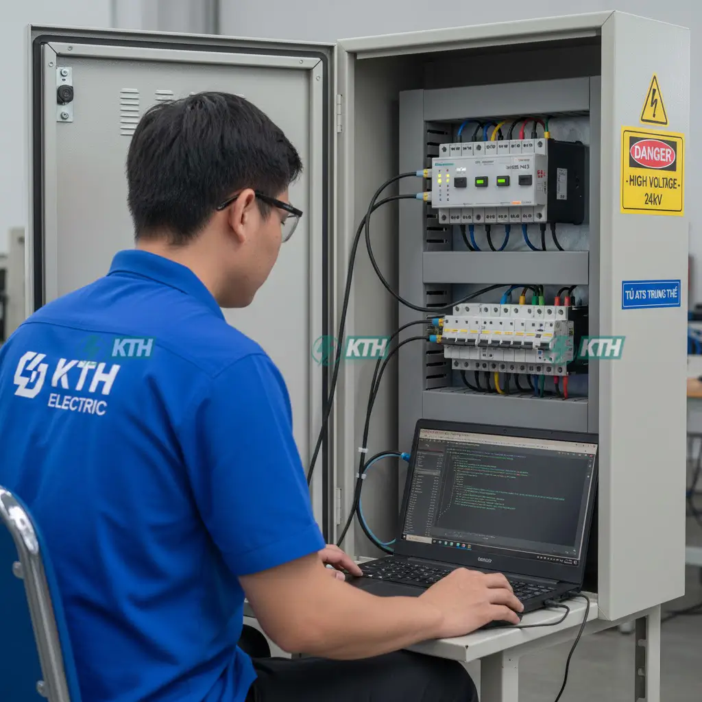 Kỹ sư KTH Electric đang lập trình Rơ-le bảo vệ cho tủ ATS trung thế 24kV
