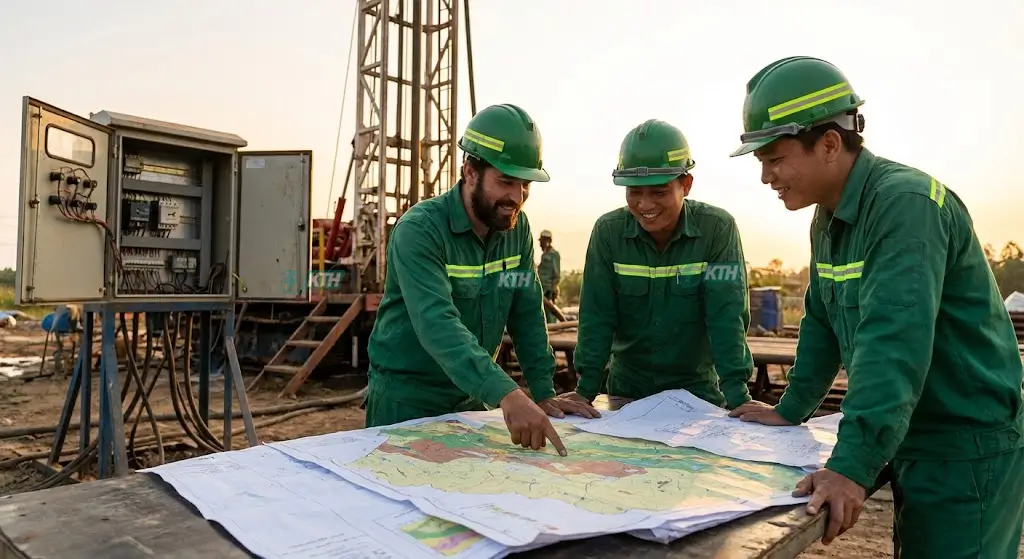 Đội ngũ kỹ sư KTH Electric đang khảo sát địa chất và lên phương án thi công giếng khoan.