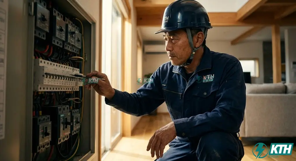 Kỹ sư điện KTH Electric đang kiểm tra và tư vấn chọn aptomat C16, C20, C32 phù hợp cho từng thiết bị trong tủ điện gia đình để đảm bảo an toàn.