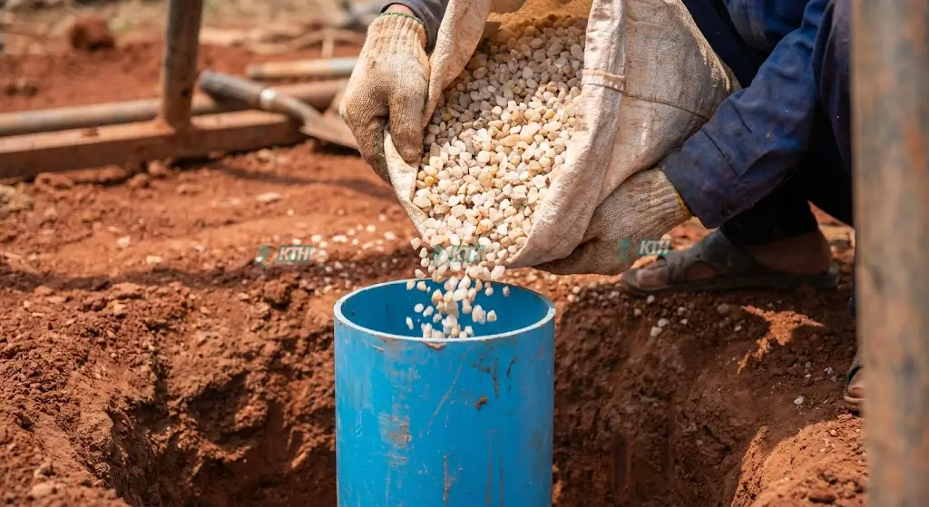 Kỹ thuật chèn sỏi lọc thạch anh quanh ống vách giúp ngăn cát và làm trong nước giếng khoan hiệu quả.