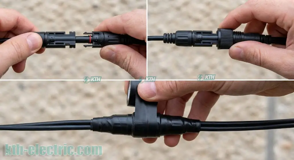 Hướng dẫn chi tiết 3 bước đấu nối dây đèn năng lượng mặt trời và quấn băng keo điện chống nước cho Jack nối.