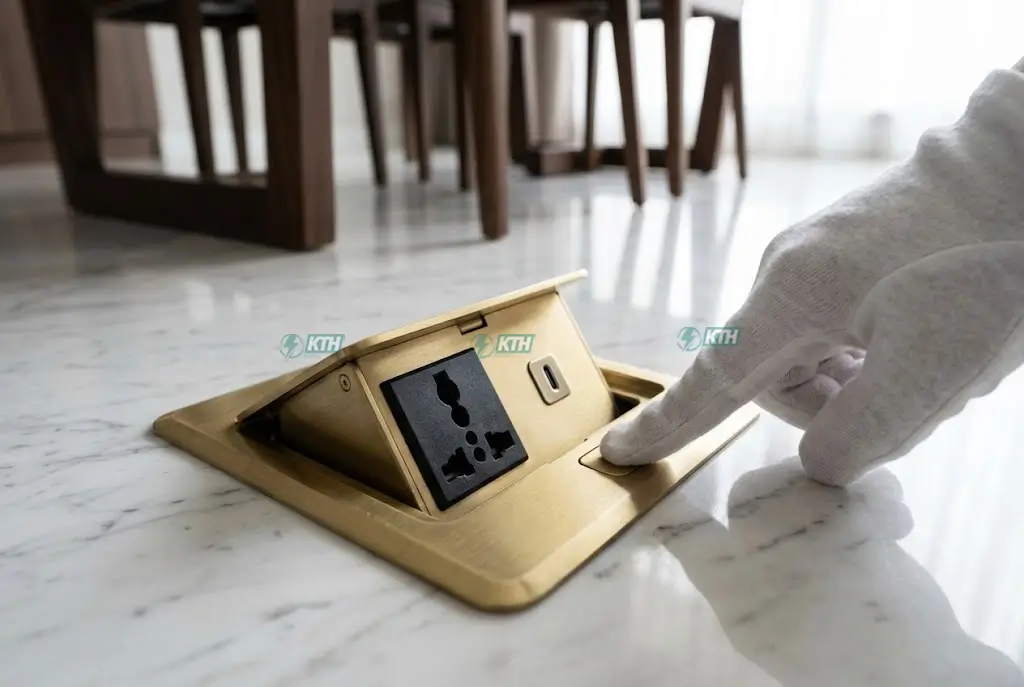Ổ cắm điện âm sàn floor box mạ vàng cao cấp lắp đặt trên sàn đá marble biệt thự.