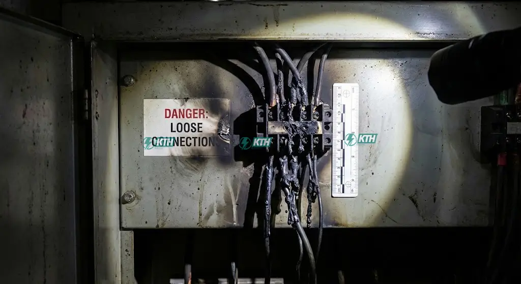 Hình ảnh tủ điện bị cháy sém và nóng chảy do lỗi lỏng mối nối và không bảo trì định kỳ.