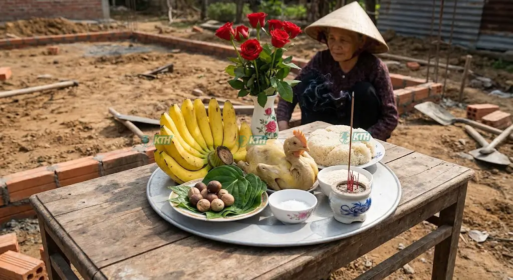 Mâm lễ vật cúng động thổ khoan giếng đầy đủ gồm gà luộc, xôi, hoa quả và trầu cau.