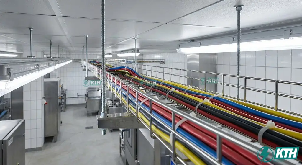 Cận cảnh hệ thống máng cáp dạng lưới inox 304 treo trần giúp chống đọng bụi bẩn và dễ dàng xịt rửa trong nhà xưởng thực phẩm.