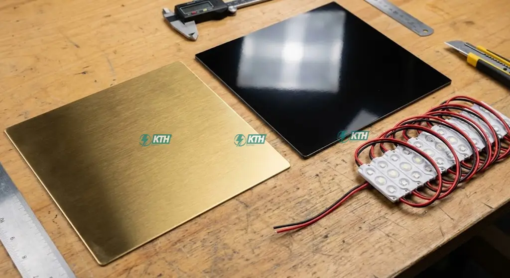 Các mẫu vật liệu làm bảng hiệu quảng cáo cao cấp tại Quận 7 gồm Alu Alcorest, Inox 304 vàng xước và đèn LED Hàn Quốc chuẩn kỹ thuật.