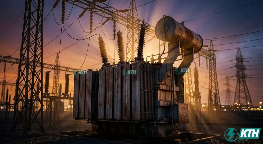 Hình ảnh máy biến áp dầu công suất lớn tại trạm biến áp ngoài trời, hệ thống lưới điện truyền tải điện công nghiệp uy tín từ KTH Electric.