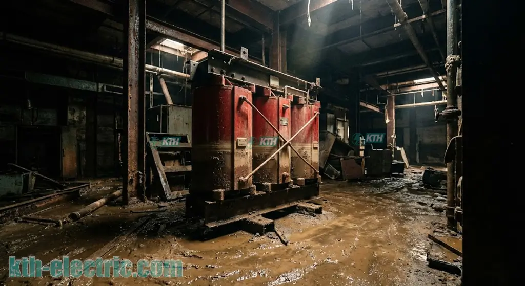 Máy biến áp khô 3 pha bị ngập trong nước lũ và bùn đất tại tầng hầm tòa nhà.