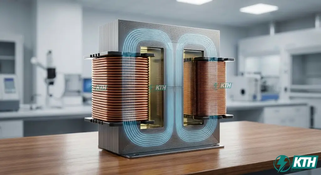 Sơ đồ mô phỏng nguyên lý cảm ứng điện từ và cách dòng điện di chuyển từ cuộn sơ cấp sang thứ cấp trong máy biến áp.