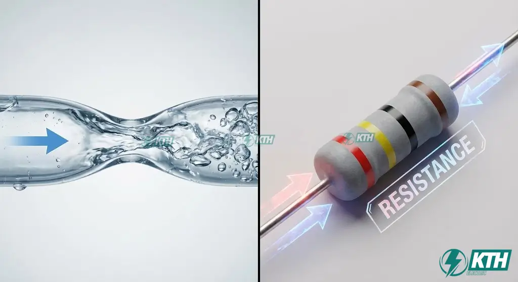 So sánh dòng điện và dòng nước để giải thích nguyên lý hoạt động cản trở dòng điện của điện trở.