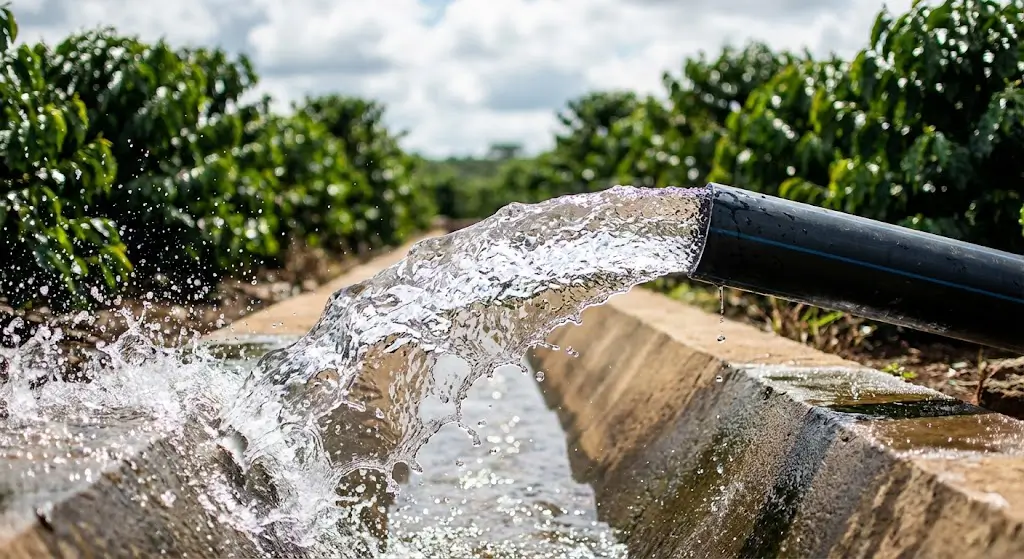 Nước giếng khoan công nghiệp lưu lượng lớn phục vụ tưới tiêu cà phê mùa khô tại Gia Lai.