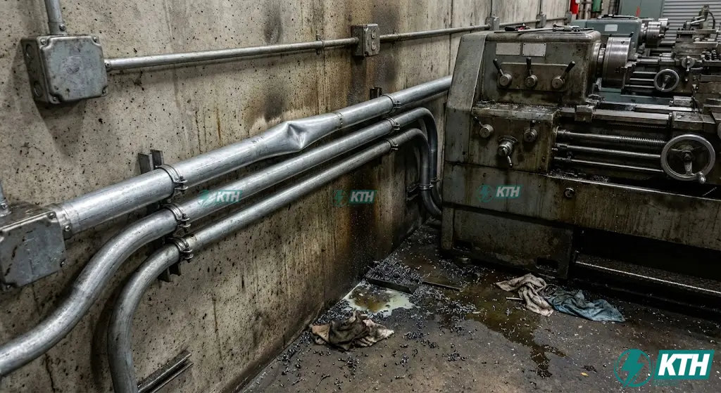 Hệ thống ống thép luồn dây điện IMC mạ kẽm bảo vệ dây dẫn khỏi phôi sắt sắc nhọn và va đập trong môi trường xưởng gia công.