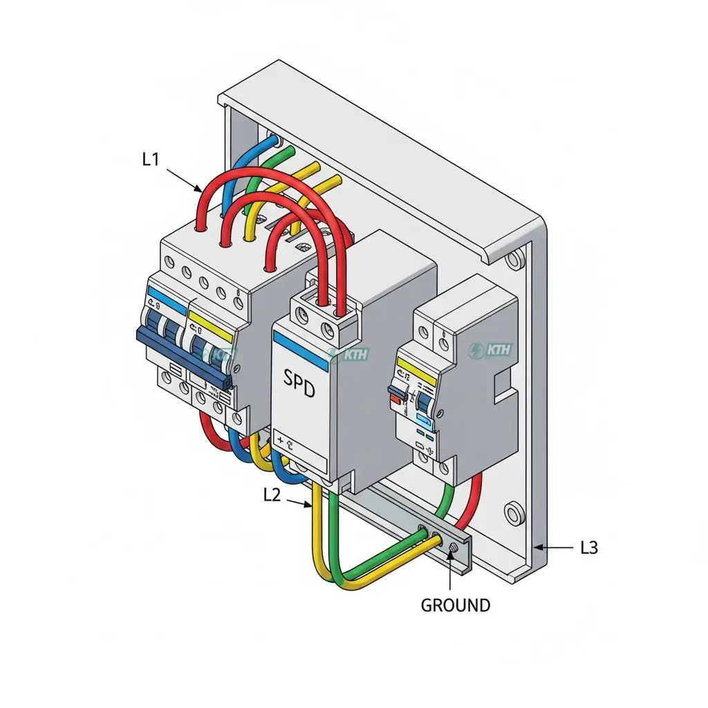 Sơ đồ đấu thiết bị cắt sét 3 pha vào tủ điện tổng và hệ thống tiếp địa.