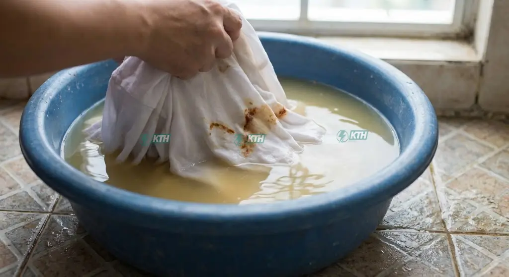 Dấu hiệu nước nhiễm phèn làm ố vàng quần áo khi giặt.