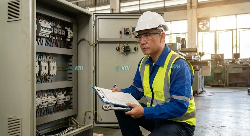 Kỹ sư cơ điện thực hiện quy trình kiểm tra xuất xưởng (Routine Verification) 9 bước cho tủ điện trước khi bàn giao.