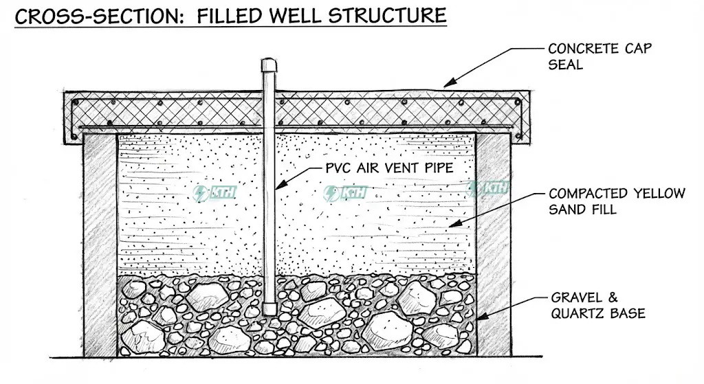 Sơ đồ kỹ thuật quy trình lấp giếng khoan cũ dùng ống thông khí và cát vàng.