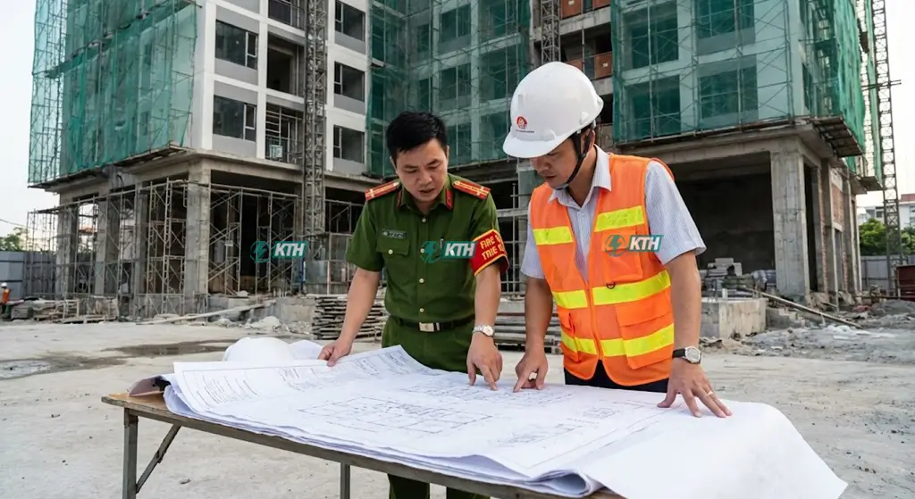 Cán bộ cảnh sát PCCC và kỹ sư xây dựng đang kiểm tra bản vẽ thẩm duyệt thiết kế PCCC theo Nghị định 136/2020/NĐ-CP tại công trình thực tế.