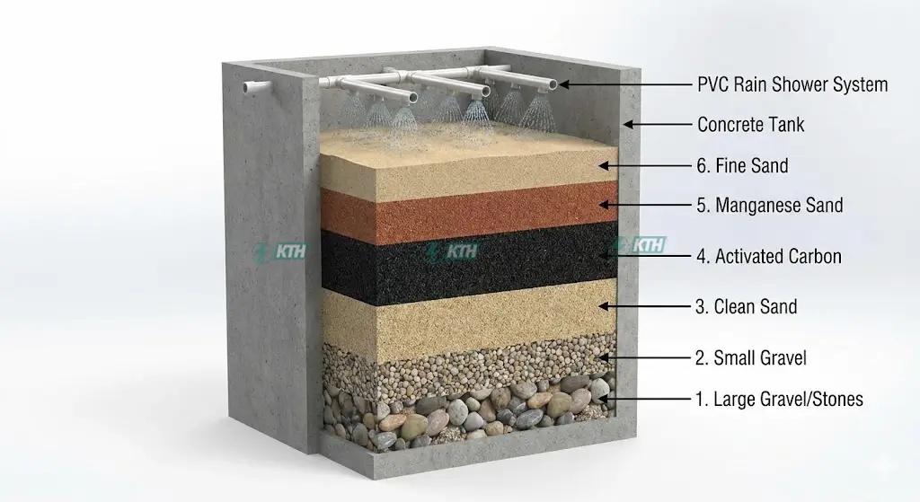 Sơ đồ cấu tạo bể lọc nước giếng khoan 3 ngăn với 5 lớp vật liệu lọc tiêu chuẩn.