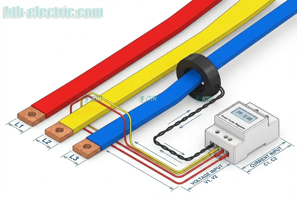 Hướng Dẫn Cài Đặt Bộ Điều Khiển Tụ Bù Mikro PFR96 & Tính C/K 2 Sơ đồ nguyên lý đấu dây bộ điều khiển tụ bù Mikro: Lấy điện áp pha Đỏ-Vàng và biến dòng CT pha Xanh.
