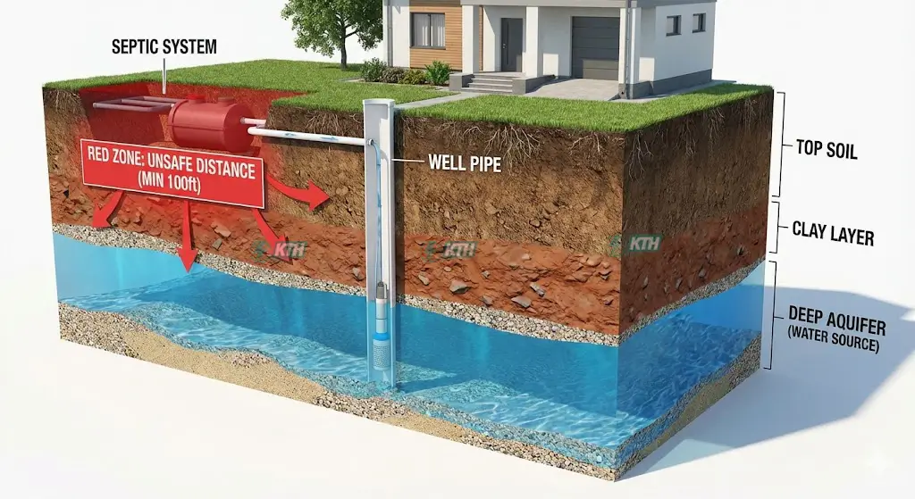 Sơ đồ mặt cắt địa tầng đất và vị trí mạch nước ngầm sạch an toàn tránh bể phốt.