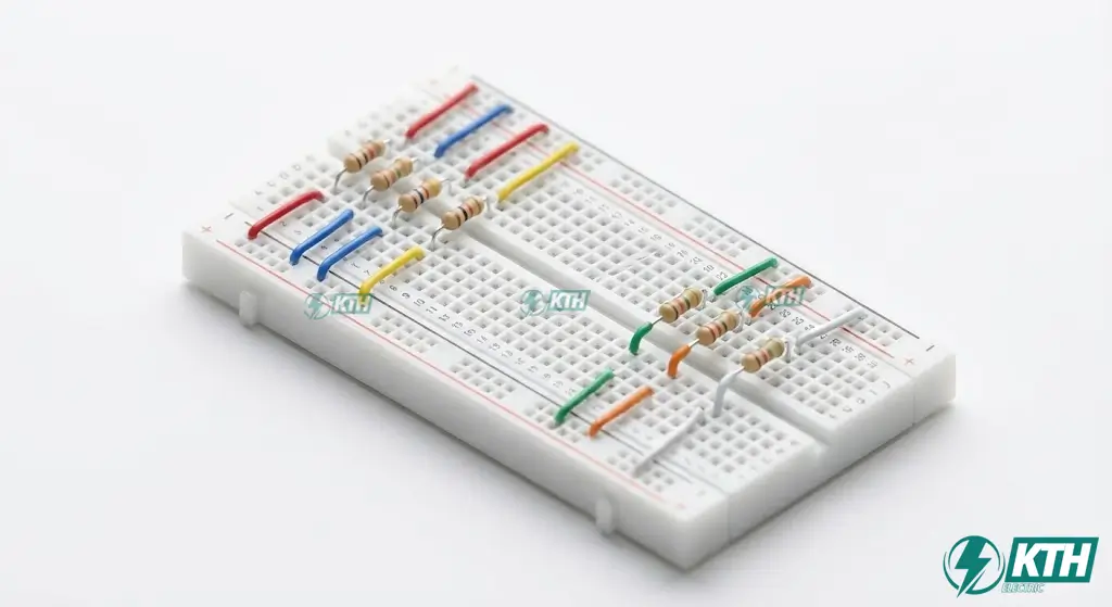Sơ đồ mạch điện trở mắc nối tiếp và mắc song song trên test board thực tế.