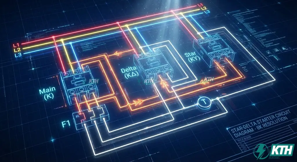 Sơ đồ nguyên lý mạch khởi động sao tam giác chuẩn IEC, thể hiện chi tiết đấu nối 3 contactor Main-Star-Delta và khóa chéo an toàn để bảo vệ động cơ 3 pha.