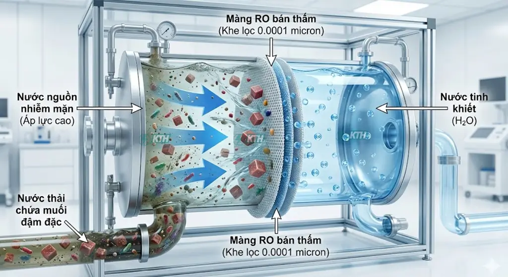 Sơ đồ nguyên lý hoạt động của công nghệ lọc nước thẩm thấu ngược RO tách muối.