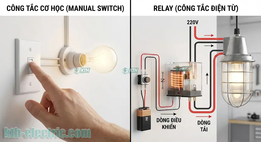 Sơ đồ so sánh nguyên lý hoạt động giữa công tắc cơ học bằng tay và Rơ le điện từ (Relay)