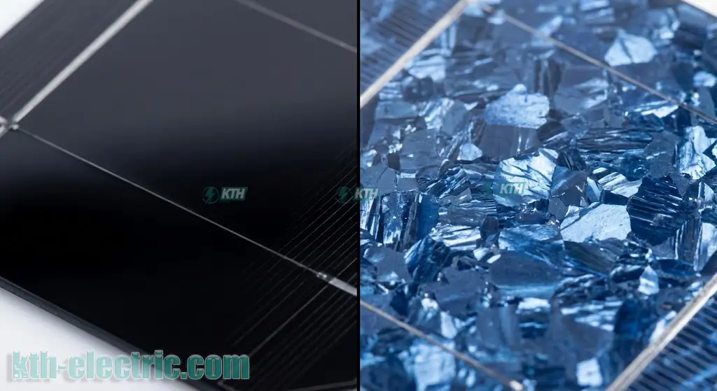 Phân Biệt Pin Mono và Poly: Nên Chọn Loại Nào Tốt Nhất 2026? 1 So sánh chi tiết tấm pin năng lượng mặt trời Mono màu đen và Poly màu xanh.