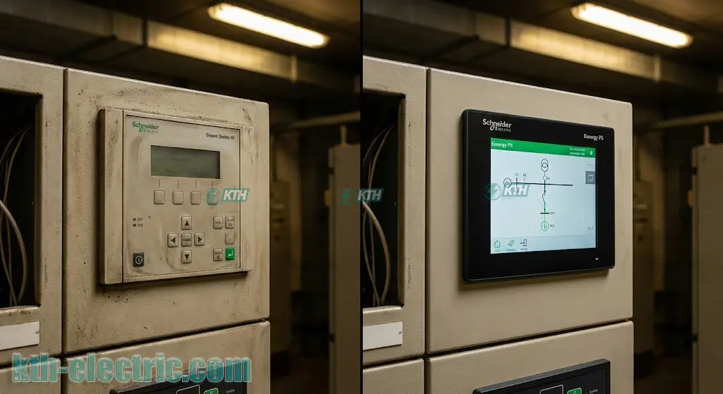 So sánh rơ le Sepam cũ và rơ le Easergy P5 mới lắp đặt trên tủ điện trung thế.