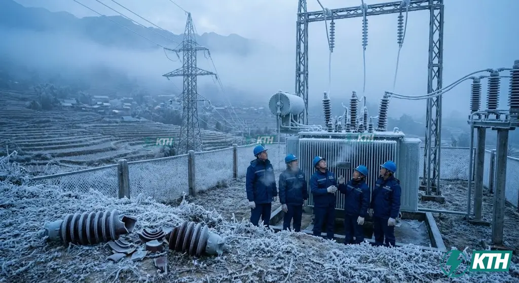 Trạm biến áp 22kV tại vùng núi phía Bắc Việt Nam bị nứt vỡ sứ cách điện do sốc nhiệt và sương muối vào sáng sớm.