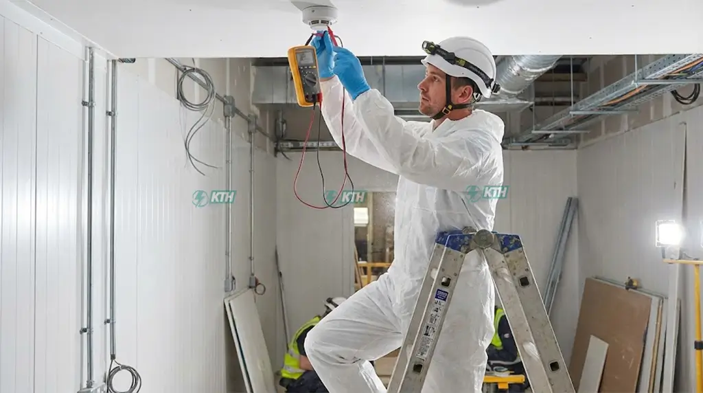 Kỹ sư điện KTH Electric đo kiểm tra thông số điện phòng sạch bằng đồng hồ vạn năng trước khi nghiệm thu.