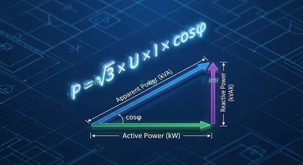 Công thức tính công suất điện 3 pha P bằng căn 3 nhân U nhân I và hệ số cos phi.