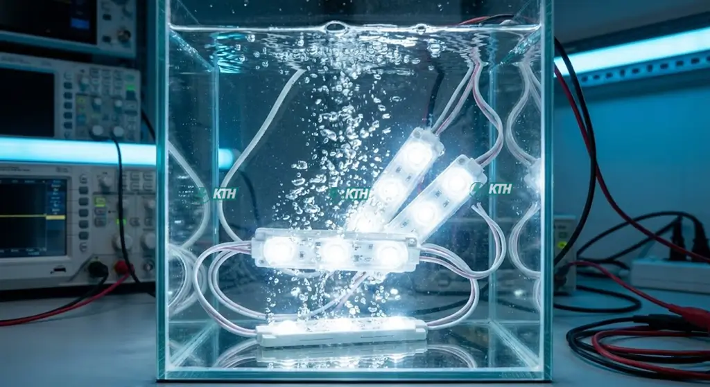 Thử nghiệm khả năng chống nước tuyệt đối chuẩn IP68 của đèn LED Module Hàn Quốc chuyên dụng cho bảng hiệu ngoài trời.