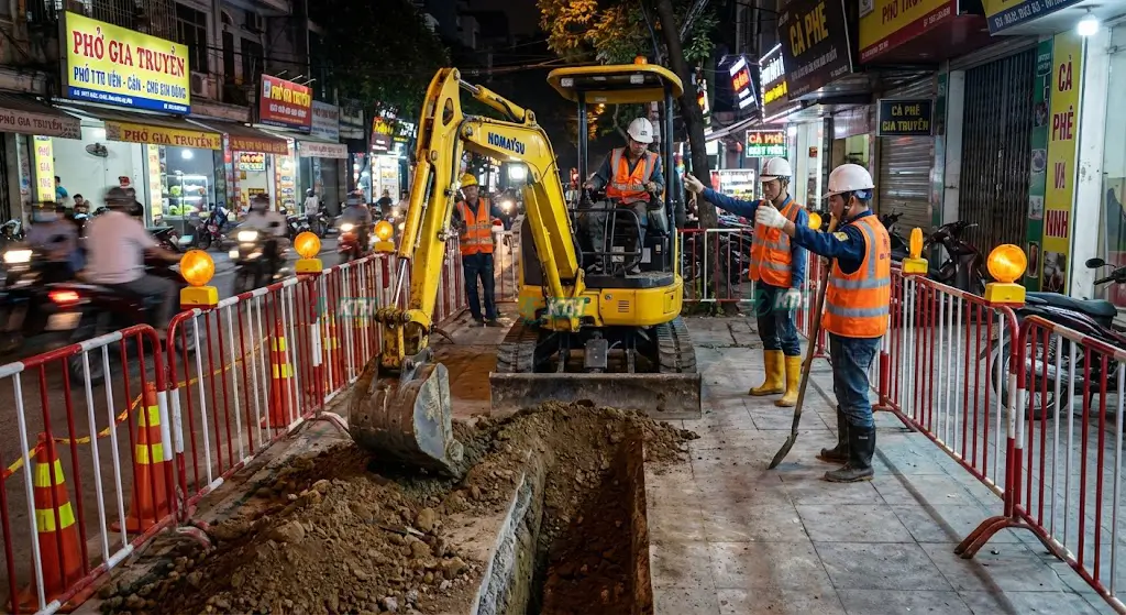 Thi công đào đường vỉa hè ban đêm bằng máy xúc mini có rào chắn an toàn tại TPHCM.