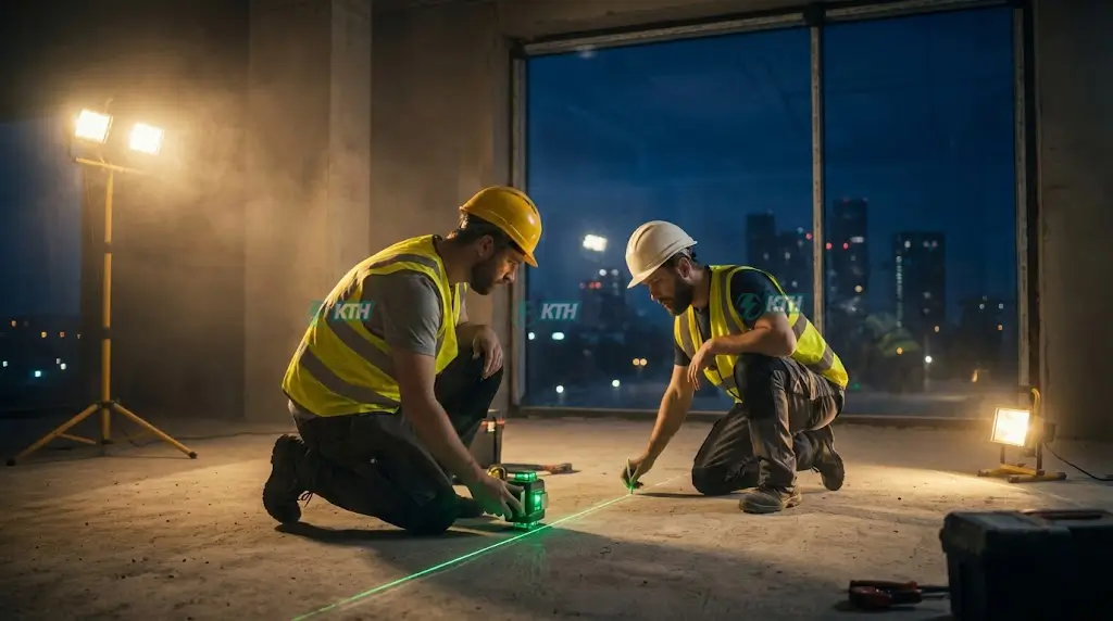 Đội ngũ kỹ thuật KTH Electric thi công điện văn phòng ca đêm đảm bảo tiến độ khai trương.