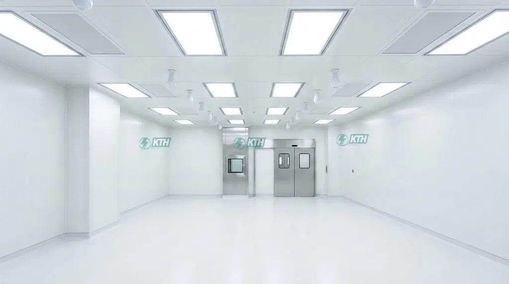 Tổng quan hệ thống điện chiếu sáng phòng sạch dược phẩm đạt chuẩn GMP với đèn LED Panel và sàn Epoxy.