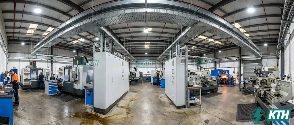 Tổng quan hệ thống điện chiếu sáng và tủ phân phối nguồn công suất lớn trong xưởng gia công cơ khí chính xác CNC đang hoạt động.