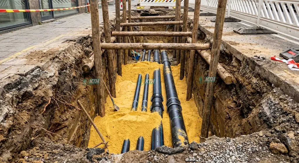 Biện pháp thi công đặt đường ống ngầm có lớp cát đệm và gia cố vách hố đào chống sạt lở.