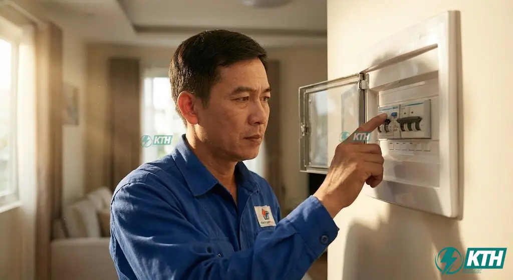 Thợ điện đang kiểm tra aptomat là gì và cách hoạt động của cầu dao tự động trong tủ điện gia đình để đảm bảo an toàn.