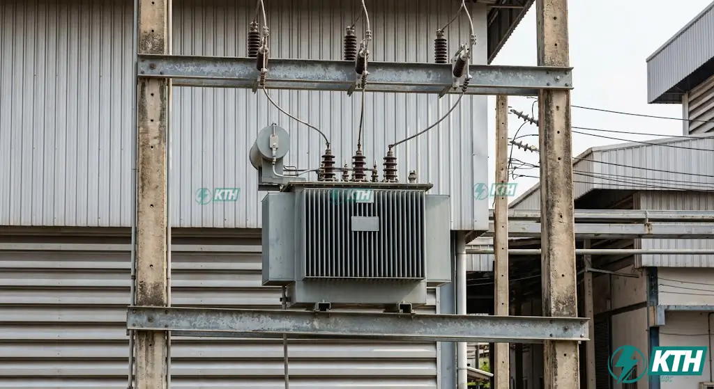 Hình ảnh trạm biến áp giàn 630kVA lắp đặt trên giá đỡ thép chắc chắn giữa hai cột điện.