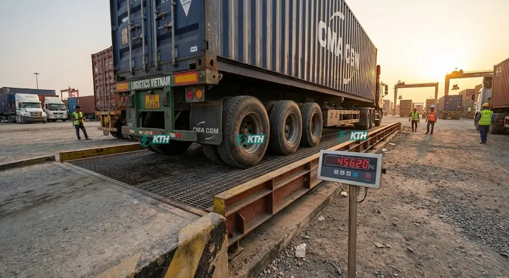 Hệ thống trạm cân xe tải 80 tấn lắp đặt hoàn thiện tại nhà máy công nghiệp với bàn cân thép chịu lực I đúc.